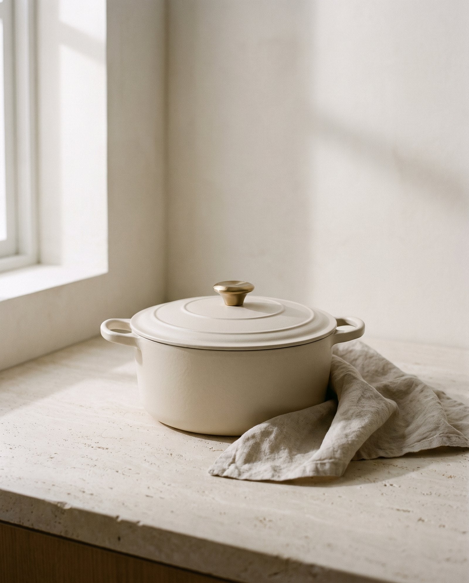 Dutch oven styled on a limestone counter