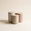 Set of three ceramic canisters with ash wood lids